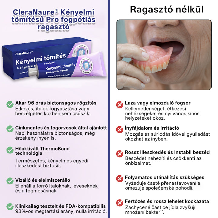 🔥🔥🔥🔥🔥KORLÁTOZOTT KÜLÖNLEGES AJÁNLAT🦷🦷🦷 CleraNaure® Comfort Seal Pro Fogsor Ragasztó FDA Tanúsítvánnyal