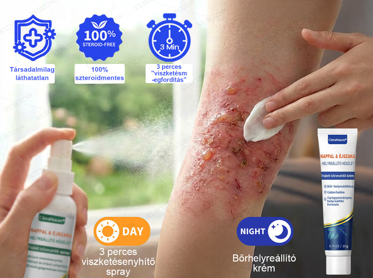 CleraNaure® Ekcéma Nappali és Éjszakai Helyreállító Rendszer – 100%-ban szteroidmentes kettős az intenzív viszketés, bőrpír és sérült bőr enyhítésére (akciós ajánlat)