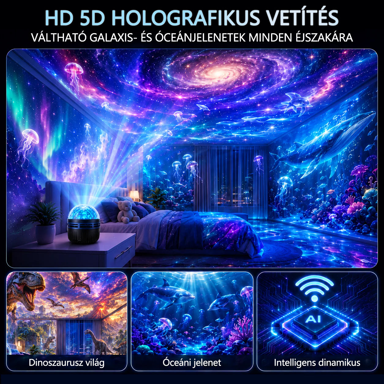 🦖🎁 Timilk® 360°-os intelligens holografikus csillagoség-projektor | HD dinamikus 5D fényhatással🦖