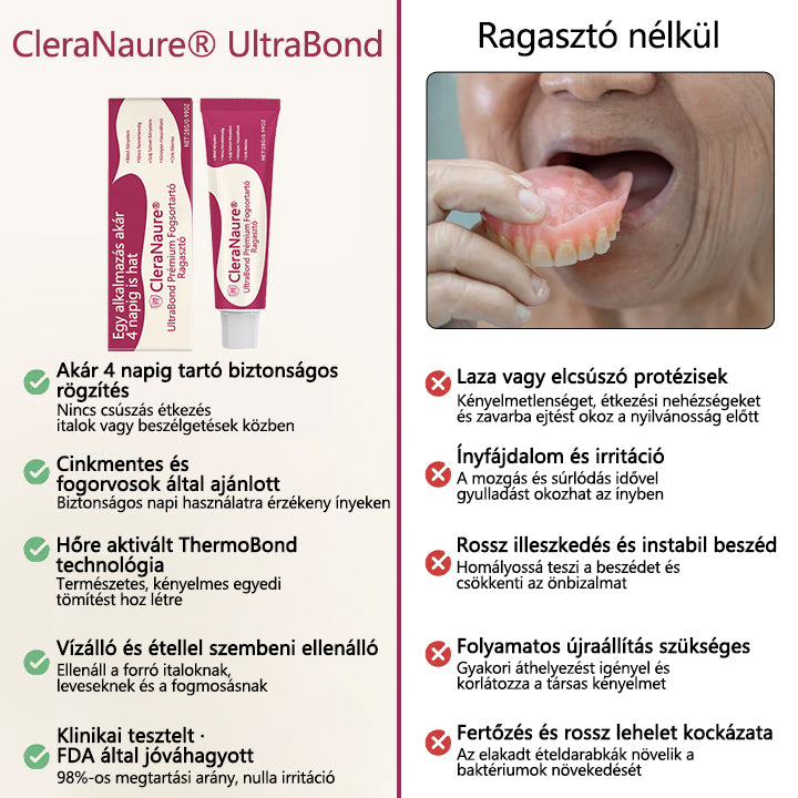 CleraNaure® UltraBond Premium Protézis ragasztó 🔥 Klinikailag bizonyított 4 napos tapadás a biztonságos, kényelmes és cinkmentes protézis rögzítéshez 🦷