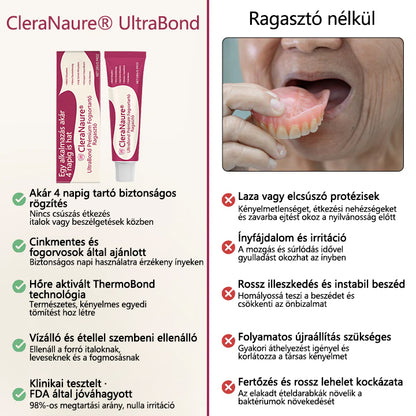 CleraNaure® UltraBond Premium Protézis ragasztó 🔥 Klinikailag bizonyított 4 napos tapadás a biztonságos, kényelmes és cinkmentes protézis rögzítéshez 🦷