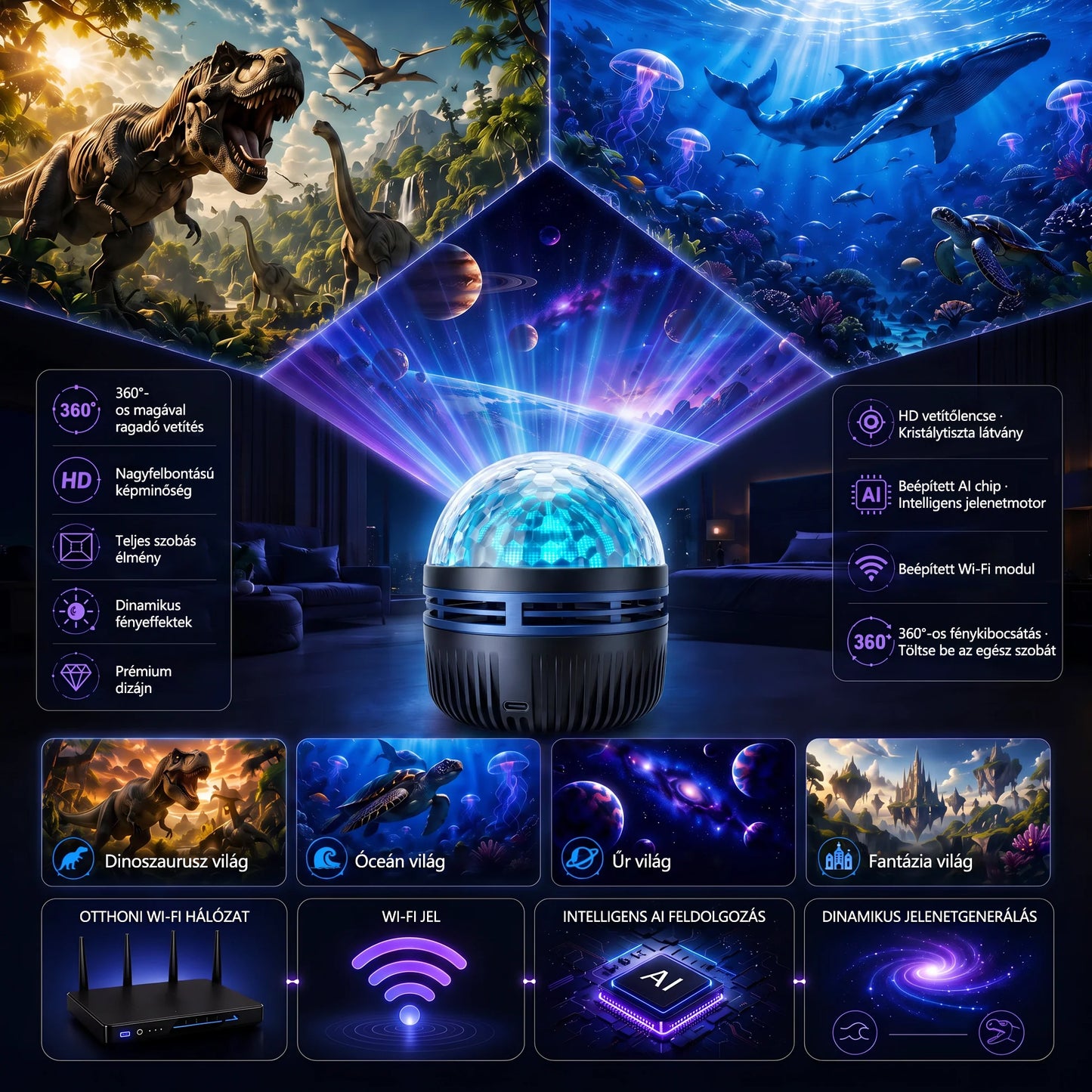 🦖🎁 Timilk® 360°-os intelligens holografikus csillagoség-projektor | HD dinamikus 5D fényhatással
