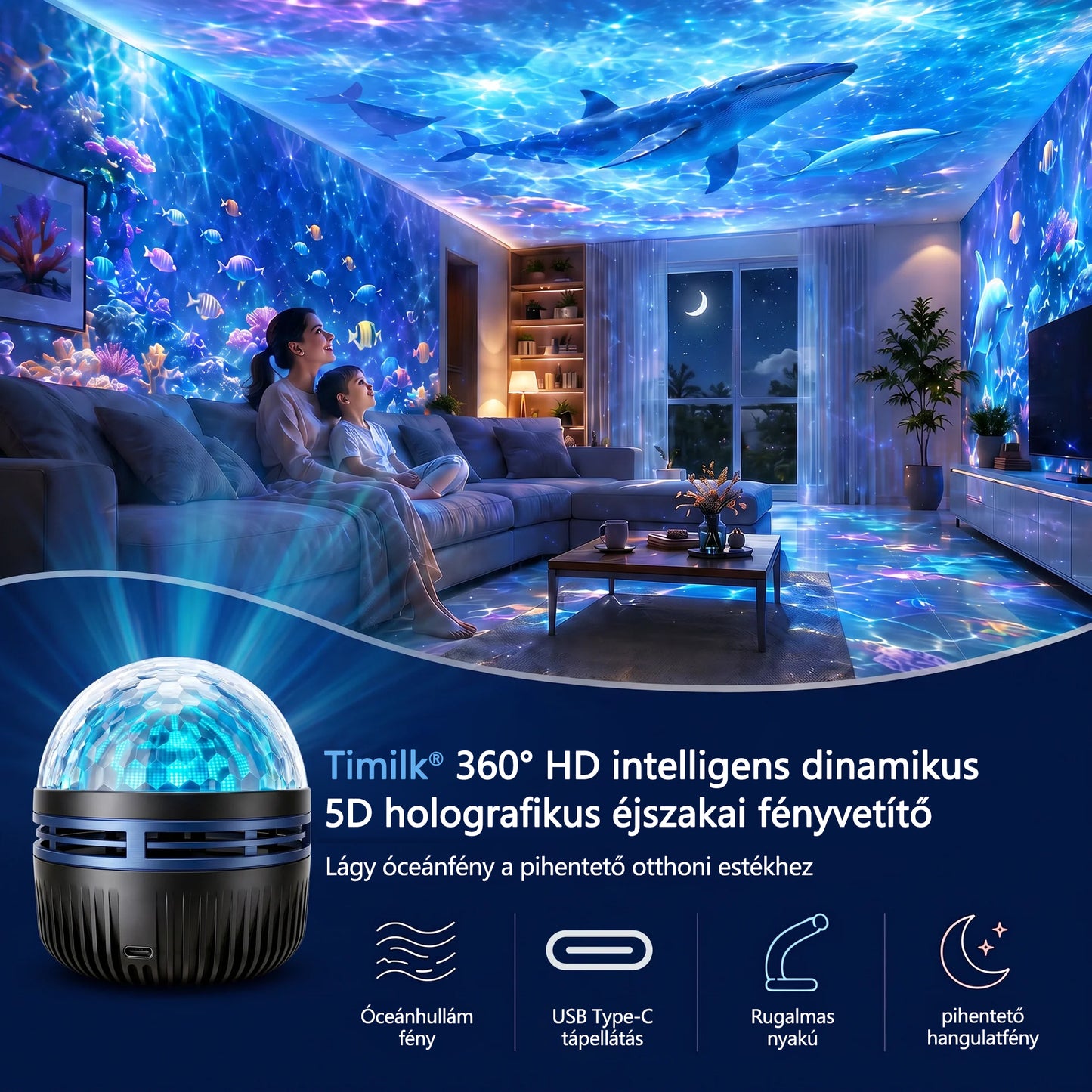 🦖🎁 Timilk® 360°-os intelligens holografikus csillagoség-projektor | HD dinamikus 5D fényhatással